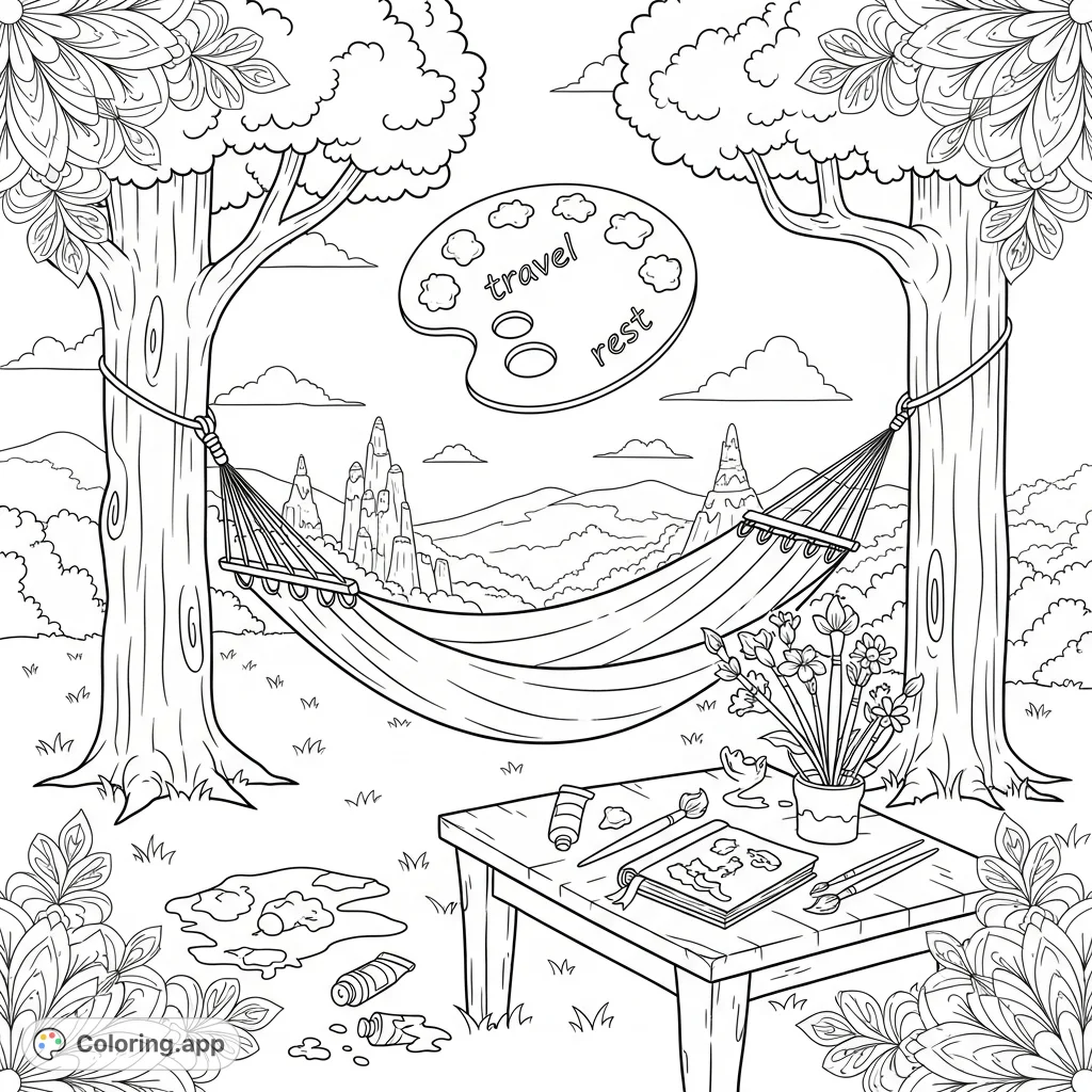 Escape to a serene garden with a swaying hammock, art supplies, and intricate mandala florals. A perfect free printable coloring page for relaxation and creativity.