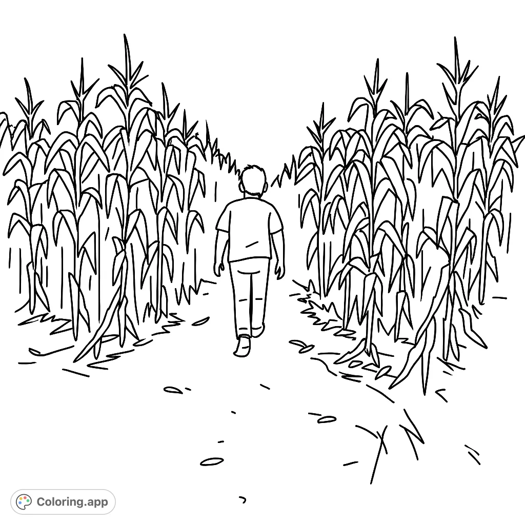 Explore a charming corn maze adventure! A person walks a winding path surrounded by tall, leafy corn stalks under an open sky.