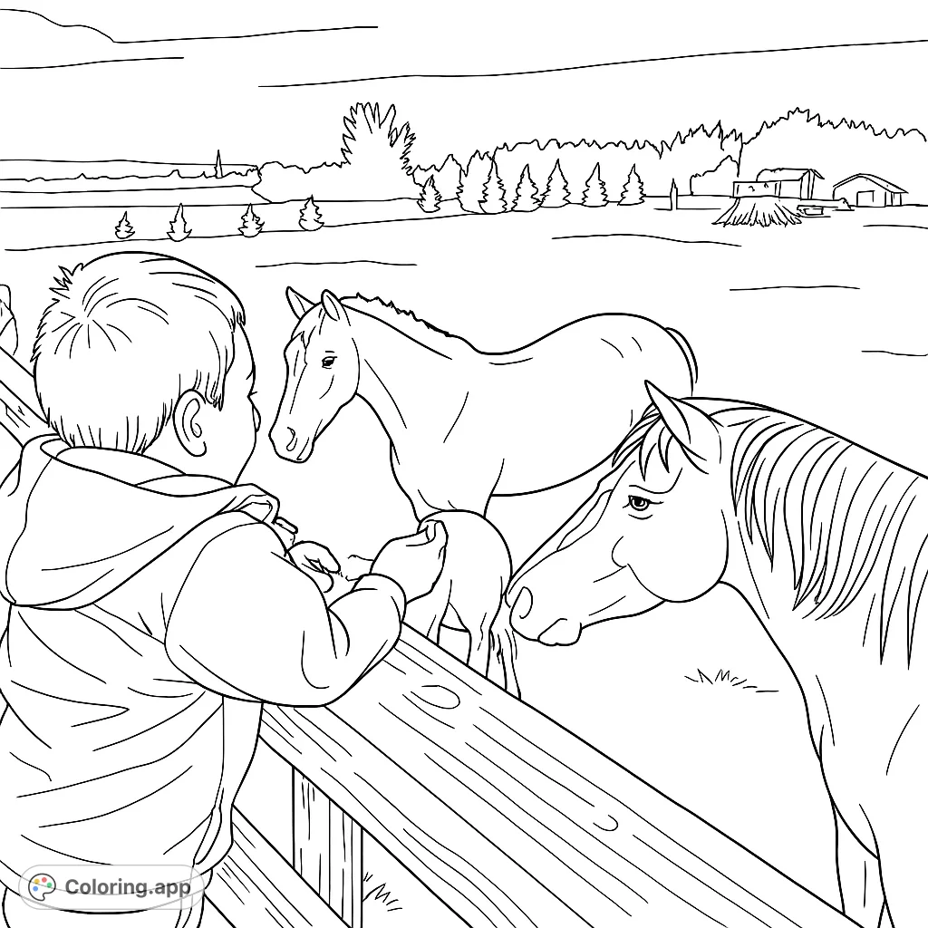 A heartwarming farm scene featuring a child gently feeding two horses, with a vast field and distant trees under a cloudy sky.