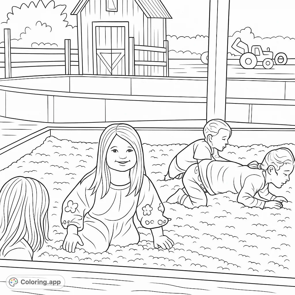 Join four happy children as they play in a giant corn pit at a farm. A delightful scene of childhood fun, perfect for a relaxing coloring experience.