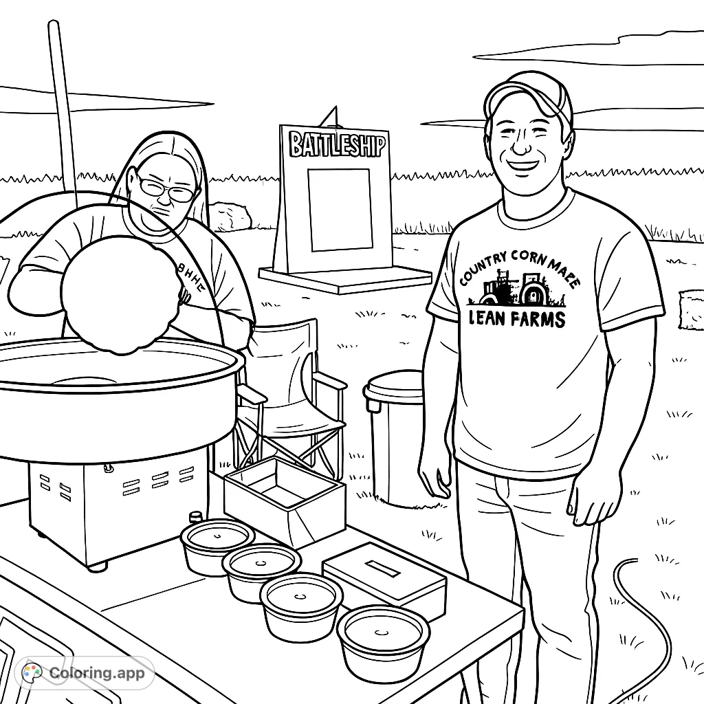 Enjoy a delightful corn maze scene featuring a cotton candy machine, smiling people, and a fun outdoor game. Perfect for farm-themed coloring!