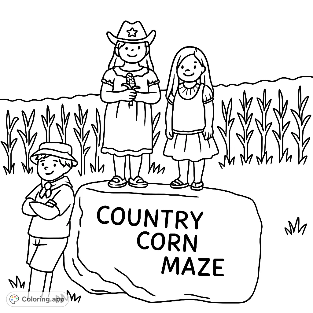 Join these happy kids at the country corn maze! A fun, cartoony coloring page for a farm adventure, perfect for young artists to imagine a day of discovery.