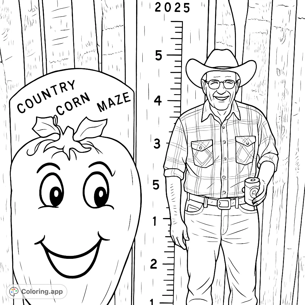 A friendly man in a cowboy hat smiles by a cheerful corn maze sign and a height chart. Perfect for a country-themed coloring page.