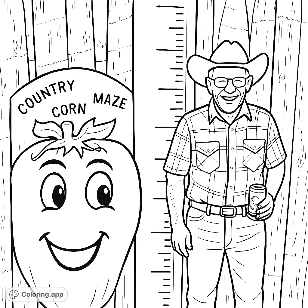 A cheerful man in a cowboy hat smiles next to a friendly pumpkin sign and a tall ruler, set against a rustic fence. A fun country corn maze coloring page!