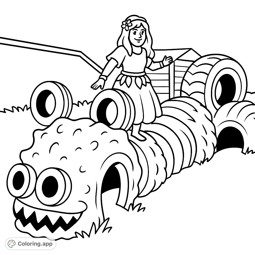 Join a whimsical character on a unique tire creature adventure! A fun and easy cartoony coloring page for kids and adults to enjoy creative play.