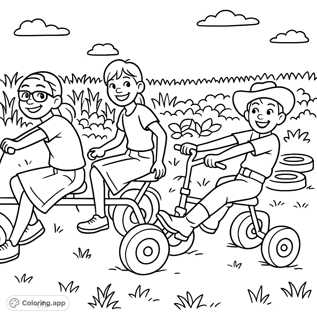 Join three happy kids on their unique pedal vehicle adventure in a farm field. This free printable coloring page offers simple shapes for creative fun.