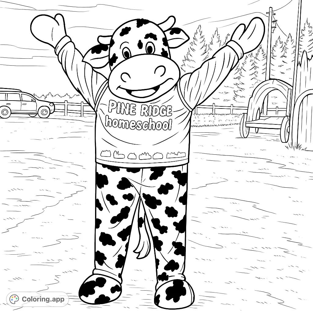A cheerful cow mascot with arms wide open, standing in a rustic outdoor setting with vehicles, a wooden fence, and a smiling pumpkin cutout. A fun farm-themed coloring page.