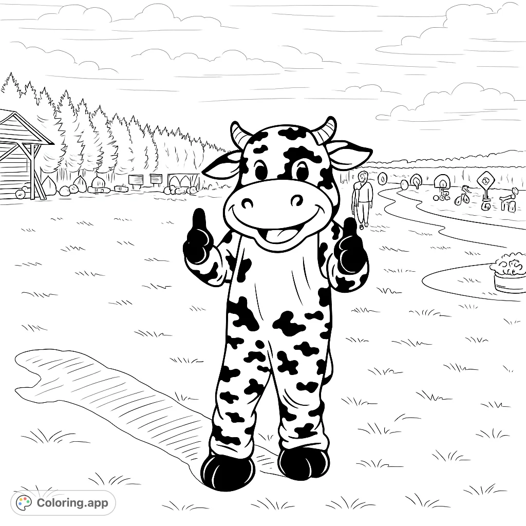 A cheerful cow mascot gives a thumbs-up in a lively farm setting, surrounded by pumpkins, a rustic barn, and a fun tire track. Perfect for a playful coloring adventure!
