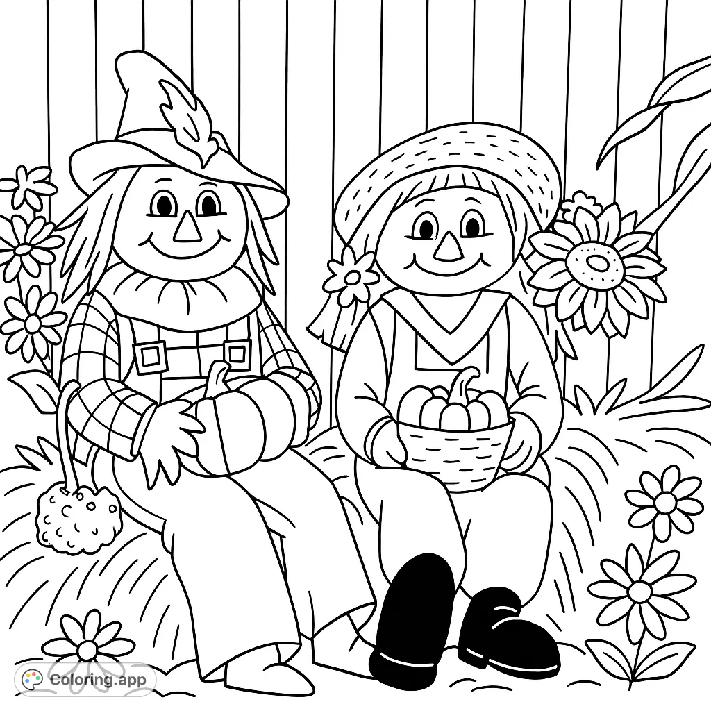 A charming, cartoony scene featuring two cheerful scarecrows amidst hay bales and autumn decorations. Perfect for a cozy coloring experience.