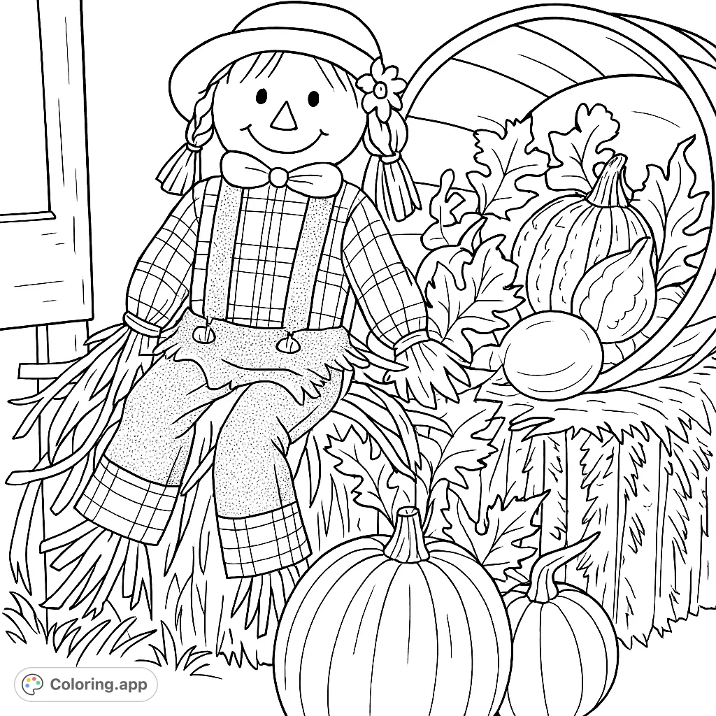 A charming scarecrow sits on a hay bale, surrounded by pumpkins, gourds, and autumn leaves, perfect for a cozy fall coloring experience.