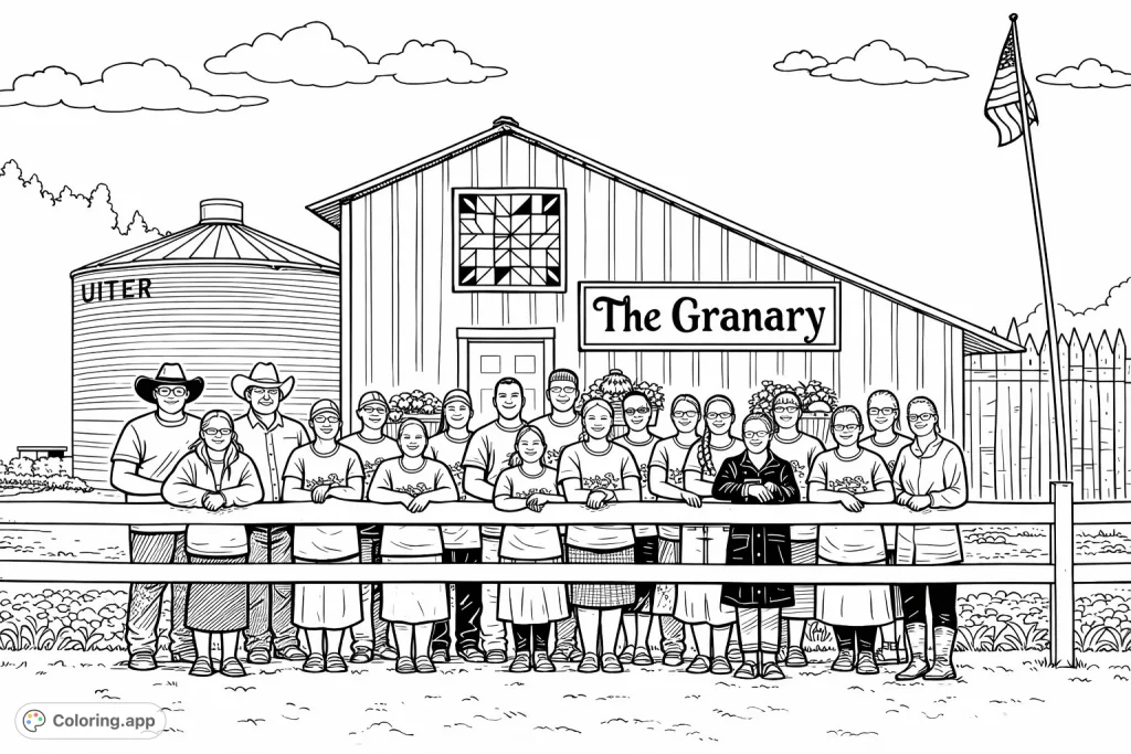 Capture the warmth of a farm community! This cartoony granary coloring page features a lively group, perfect for a fun and moderately detailed art project.