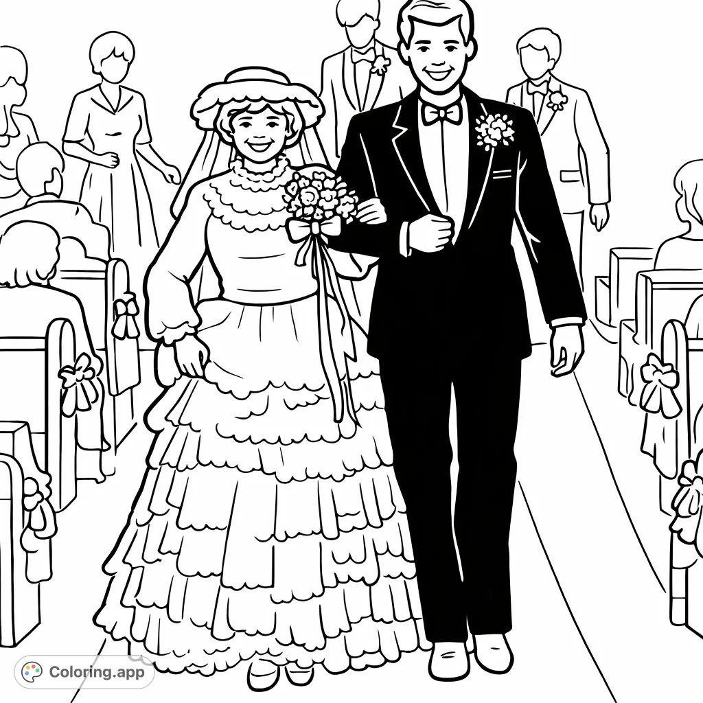 Celebrate love with this cheerful wedding coloring page! A happy couple walks down the aisle, ready for their special day.