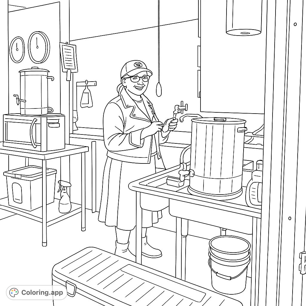 A cheerful person stands ready in a bustling kitchen, surrounded by industrial appliances and essential tools, offering a relaxing and engaging coloring experience.