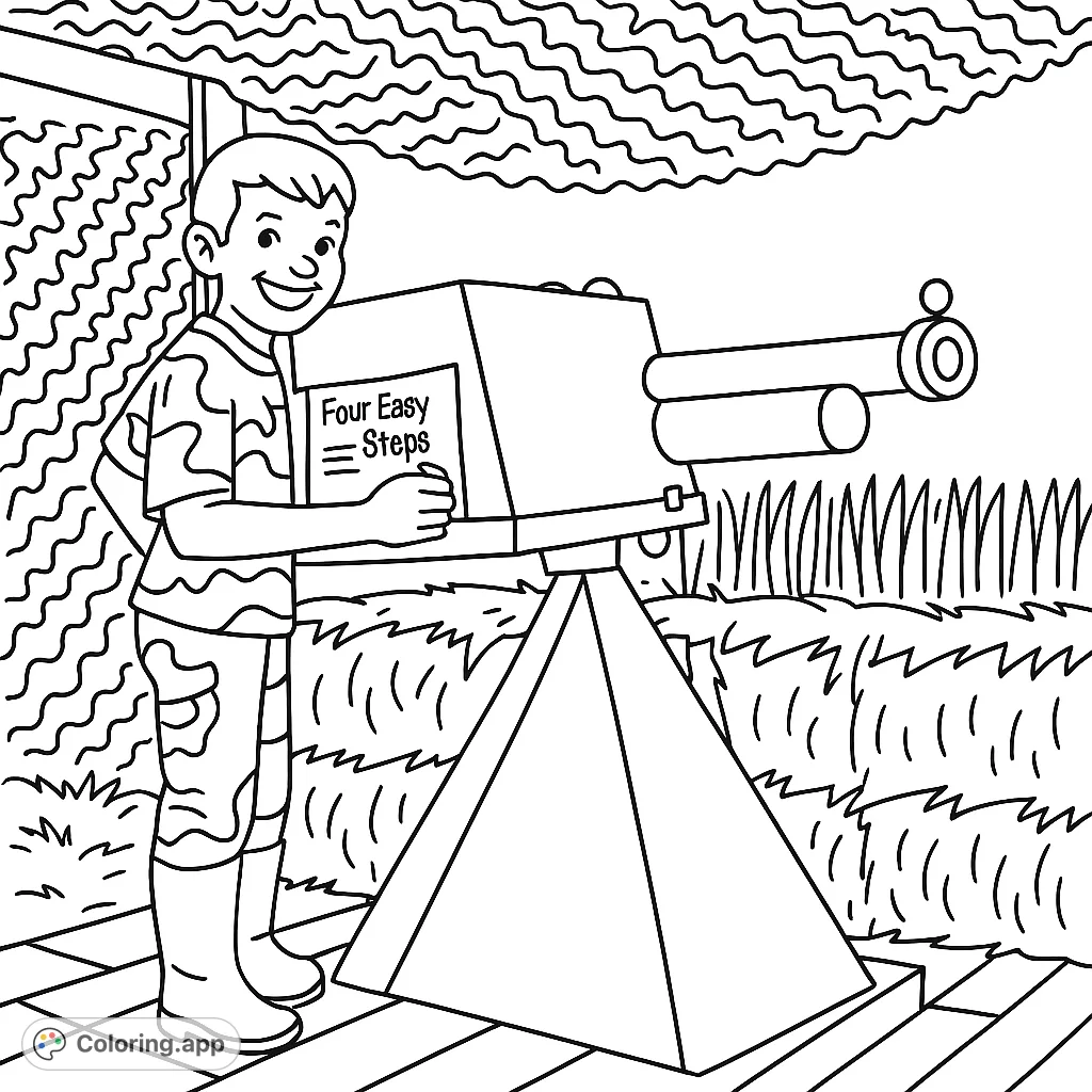 A cartoony depiction of a smiling boy operating a unique two-barreled launcher in an outdoor setting with hay bales and a crop field. Perfect for kids!
