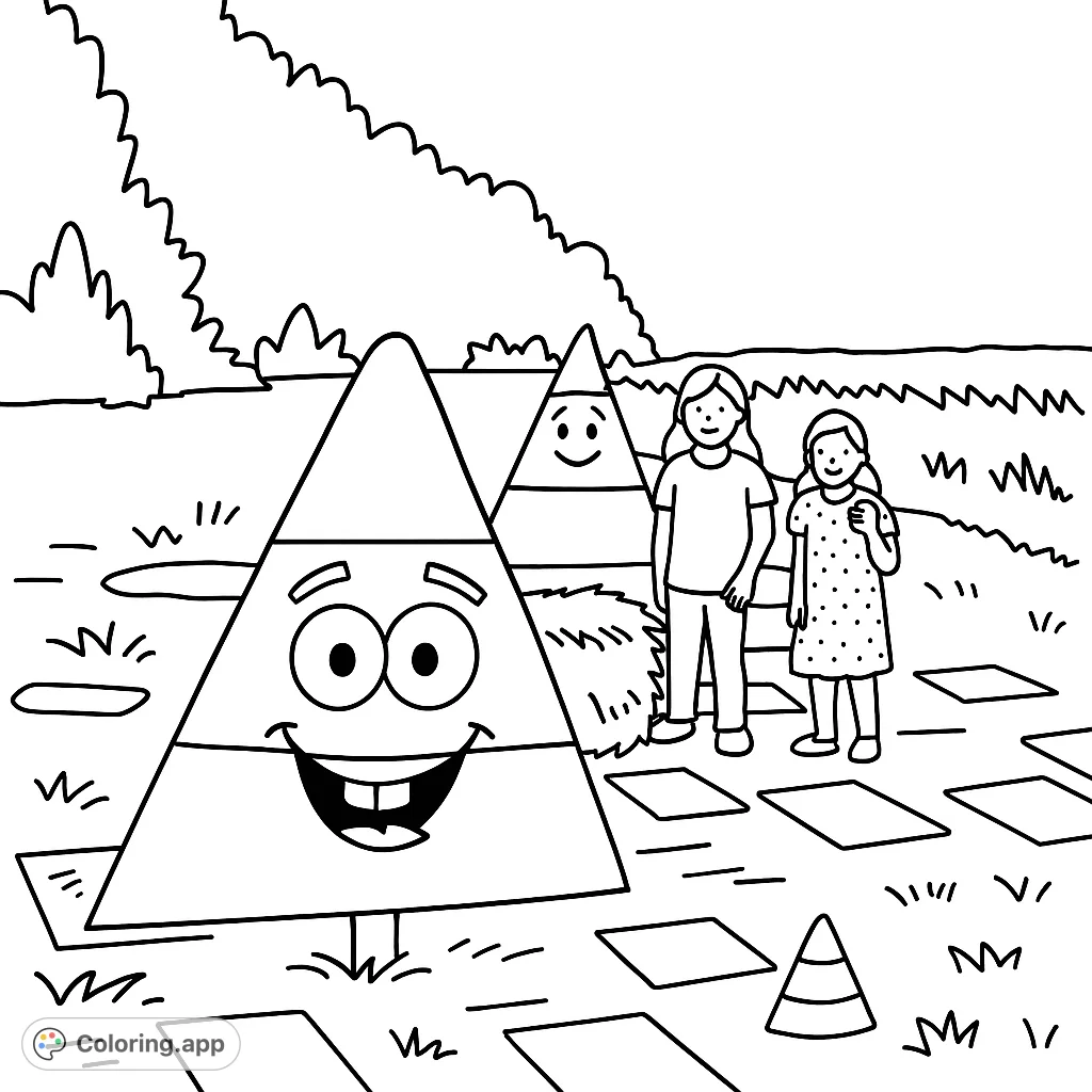 A whimsical candy corn scene with playful cutouts and children, perfect for a festive autumn coloring page fun for kids and adults!