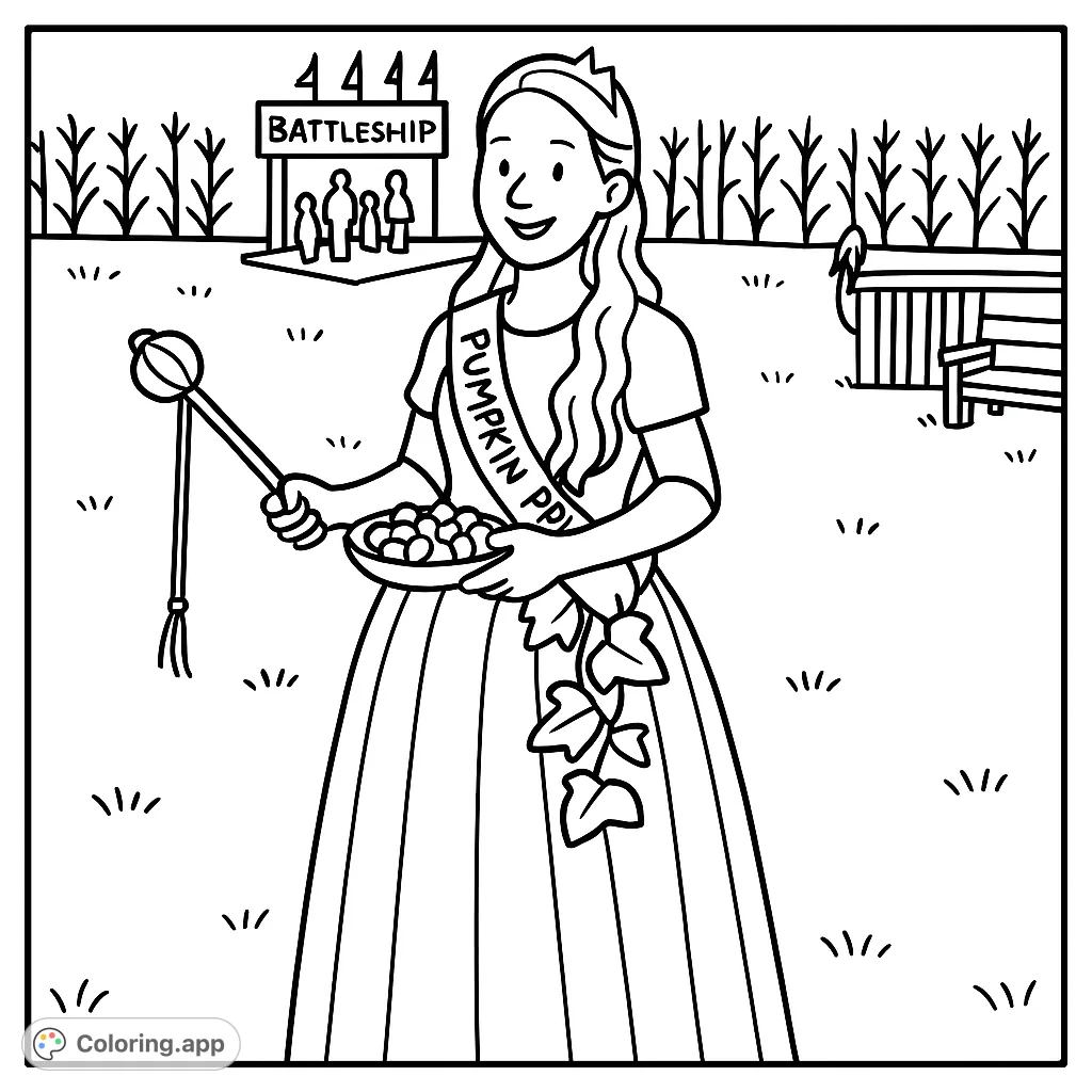 Celebrate autumn with this festive Pumpkin Princess coloring page! Featuring a cheerful princess in her pumpkin-themed outfit amidst a lively fall festival.