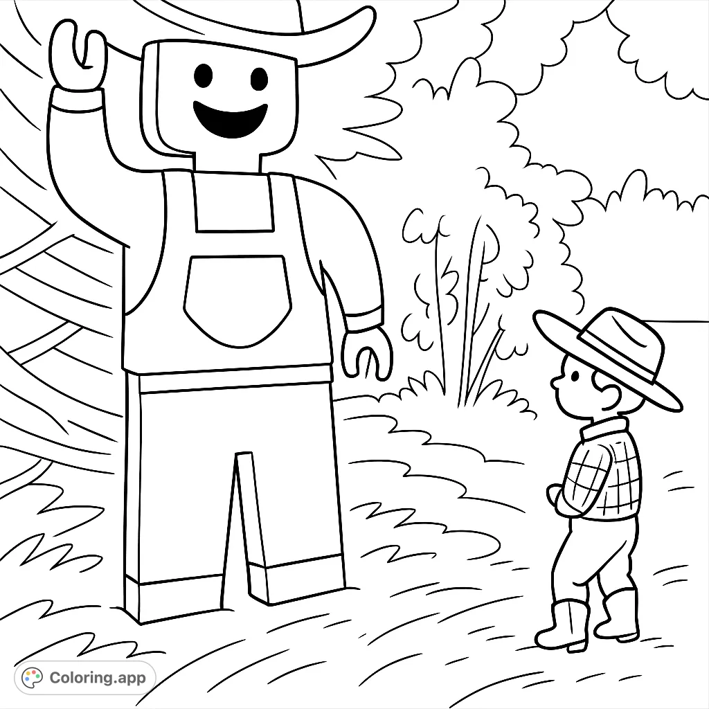 A fun cartoony scene featuring a friendly toy farmer cutout waving to a small child in a hat and overalls. Perfect for farm-themed adventures and imaginative play.