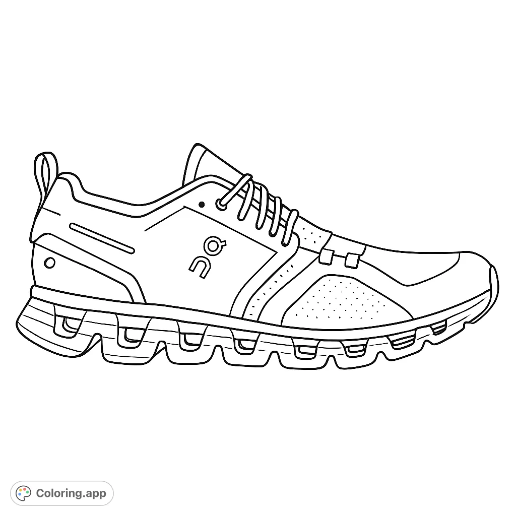 Detailed running shoe coloring page, perfect for athletes and footwear enthusiasts to customize with their unique style.