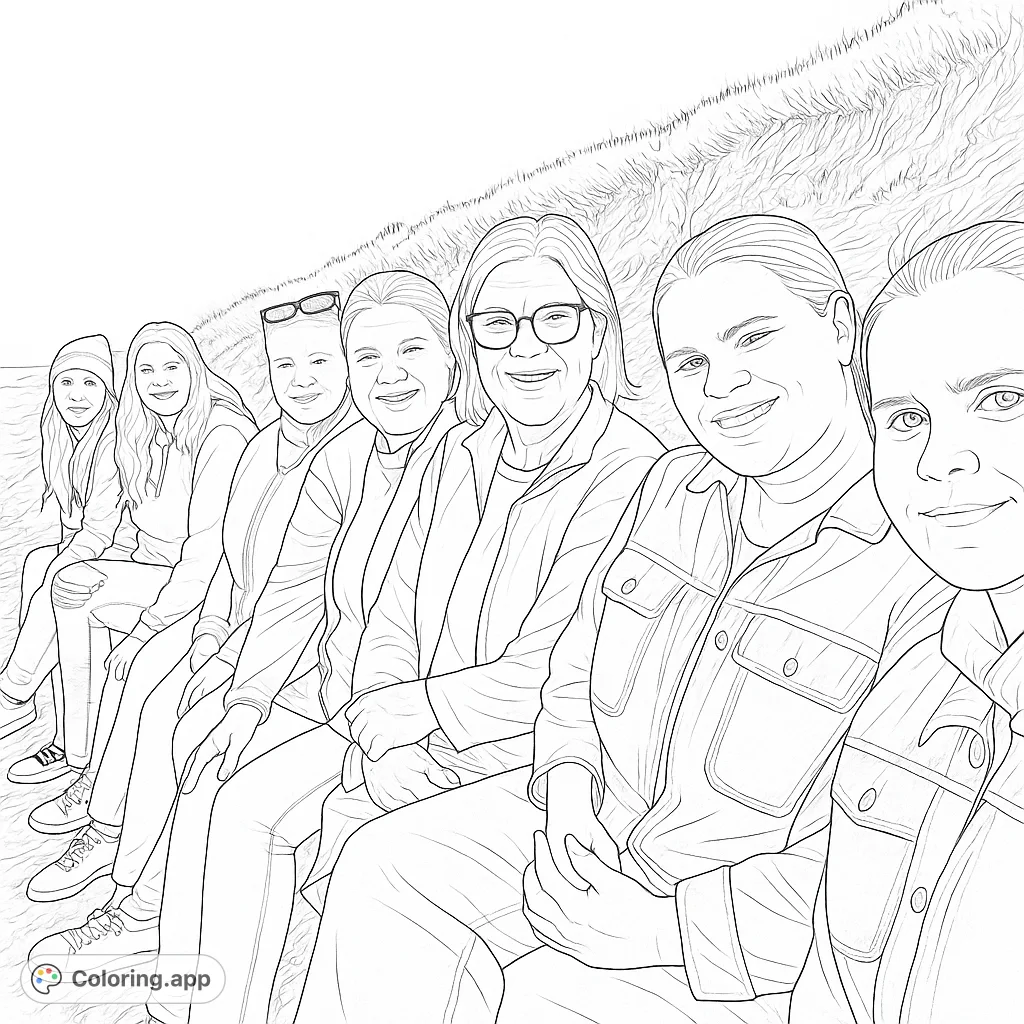 A heartwarming group portrait of seven smiling women enjoying an outdoor moment. Perfect for personalizing with your favorite hues and celebrating connections.