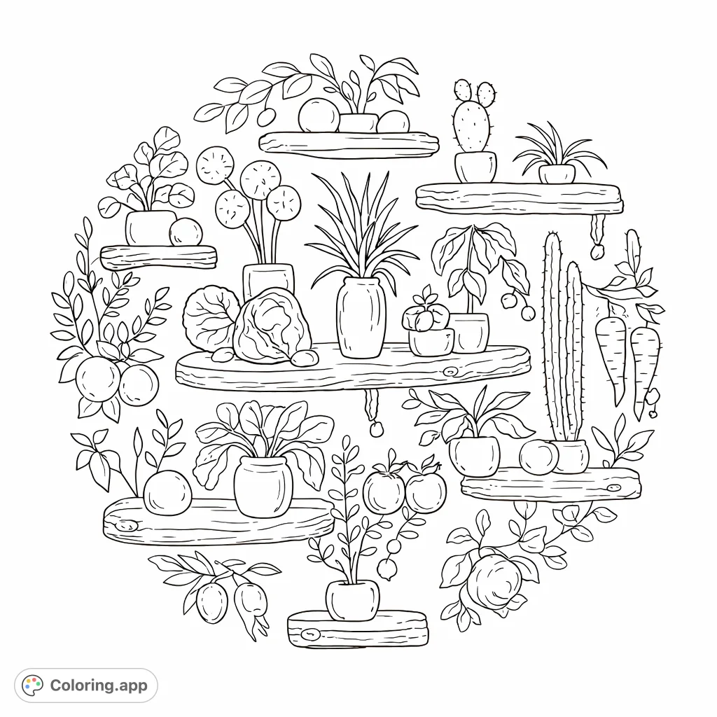 A charming circular botanical arrangement featuring diverse plants, succulents, and natural elements displayed on rustic shelves, perfect for nature lovers.