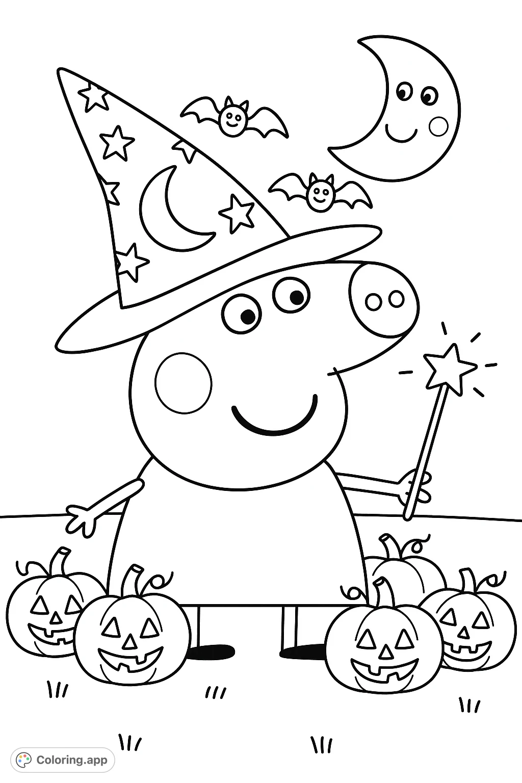 Peppa Pig in a witch hat, holding a magic wand, surrounded by smiling jack-o'-lanterns under a crescent moon and flying bats.