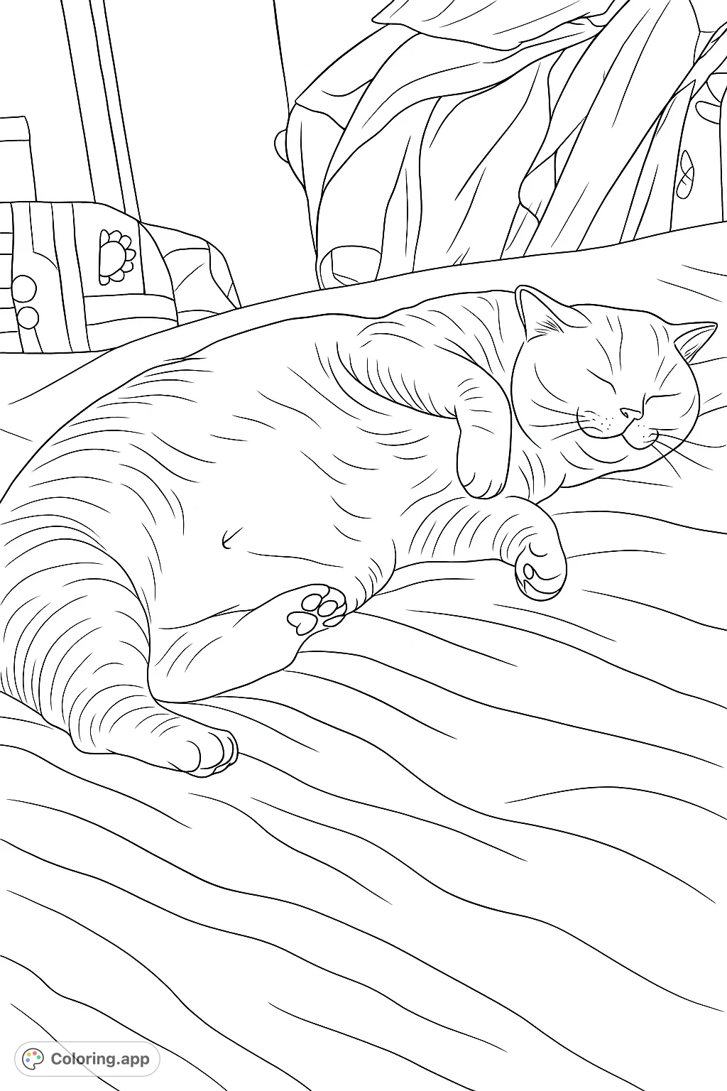 A fluffy cat peacefully napping on its back, showcasing its soft belly and curled paws. A cozy scene for relaxation and creative coloring.