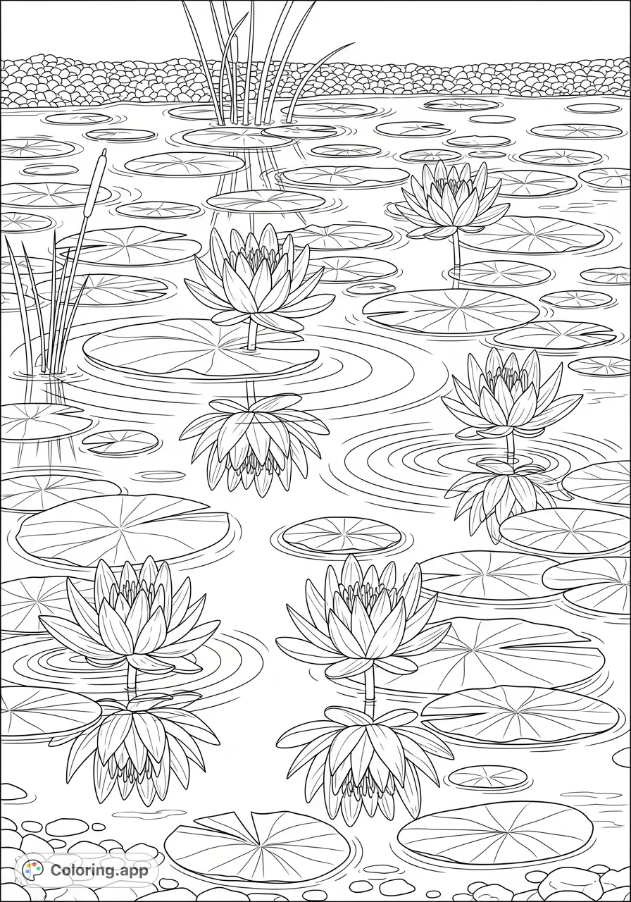 Immerse yourself in a tranquil pond scene featuring graceful lily pads and elegant lily flowers, perfect for a relaxing coloring experience.