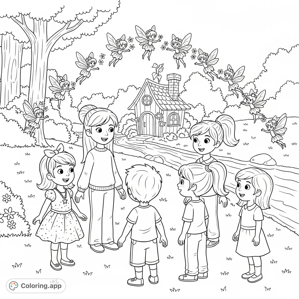 A magical fairy coloring page featuring Olive, Willow, Asher, Jada, and Isla discovering a beautiful fairy house and tiny fairies on a lawn by a creek.