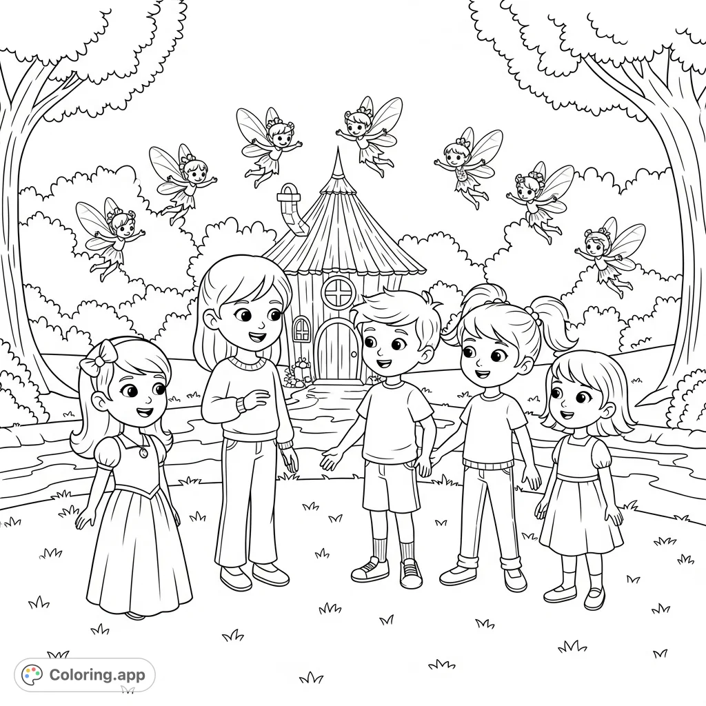 Five children, Olive, Willow, Asher, Jada, and Isla, are amazed by a magical fairy house and tiny fairies on a lawn beside a creek.