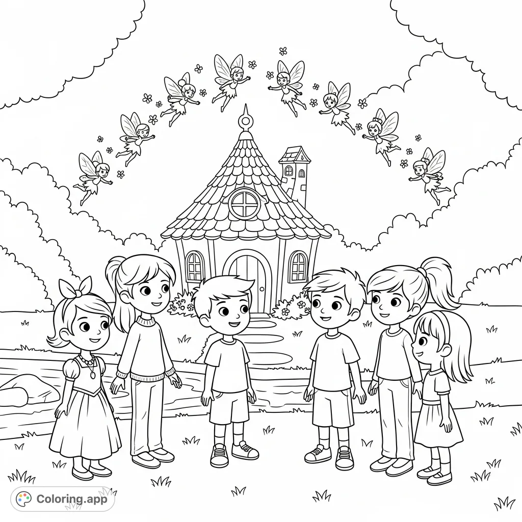 A magical fairy house coloring page featuring five children amazed by a dozen tiny, winged fairies on a lawn beside a creek and trees.