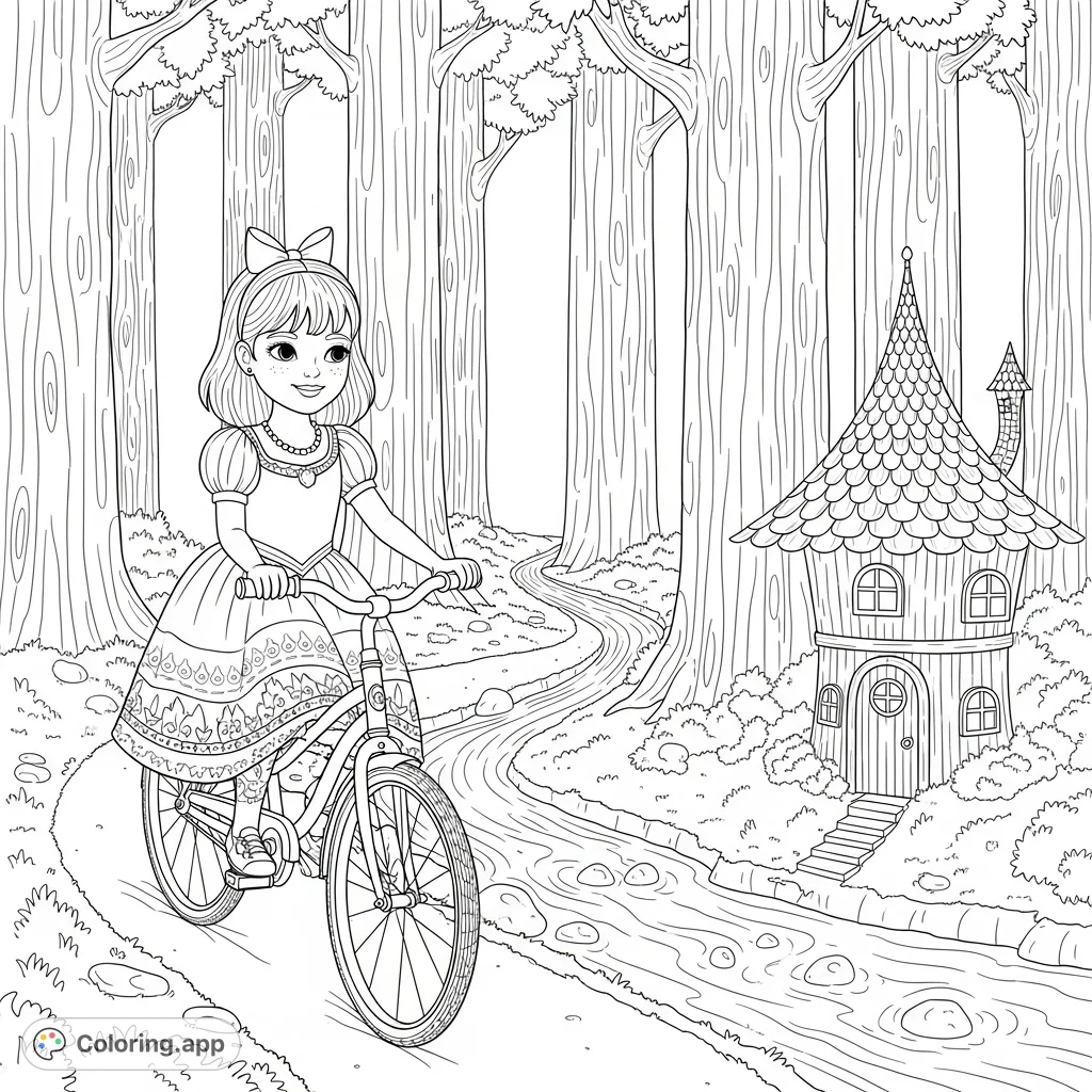 Join Olive on a magical bicycle adventure along a winding creek, past tall trees, and discover a charming, intricately detailed fairy house. A delightful scene!
