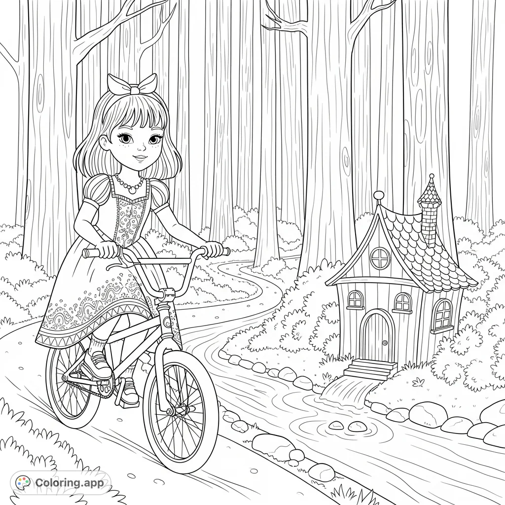 Join Olive, a 7-year-old princess, on her BMX adventure along a winding creek trail, past a charming fairy house. A delightful scene for imaginative coloring.