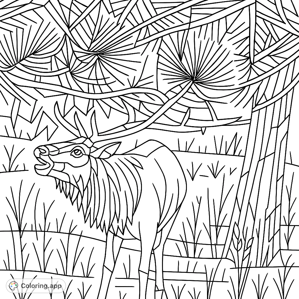 Discover a striking geometric elk coloring page, capturing a majestic bull bugling under a pine. A free printable coloring page for nature lovers.
