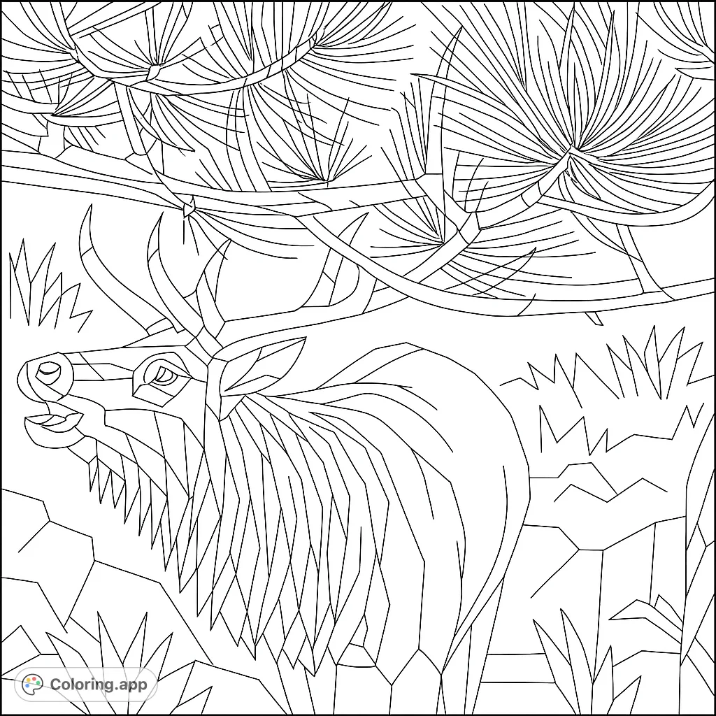 A majestic geometric elk with impressive antlers bugling in a wilderness setting. This detailed free printable geometric elk coloring page offers a unique artistic challenge.