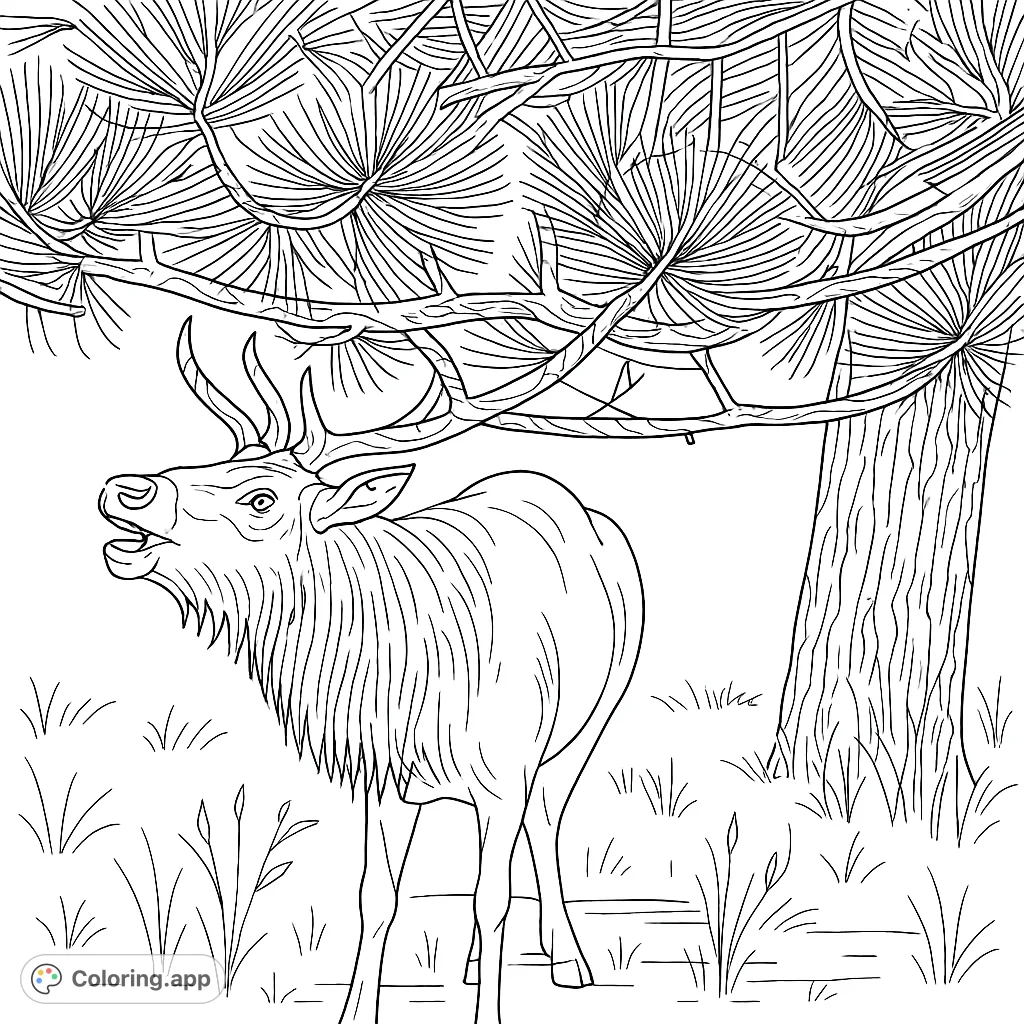 Capture the wild spirit of a majestic elk bugling under a pine tree in Art Deco style. This free printable coloring page offers intricate details for a rewarding experience.