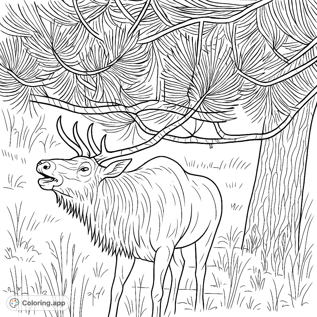 Capture the wild spirit of a majestic elk with impressive antlers, calling out under a pine tree. A detailed Art Deco nature scene for all ages.