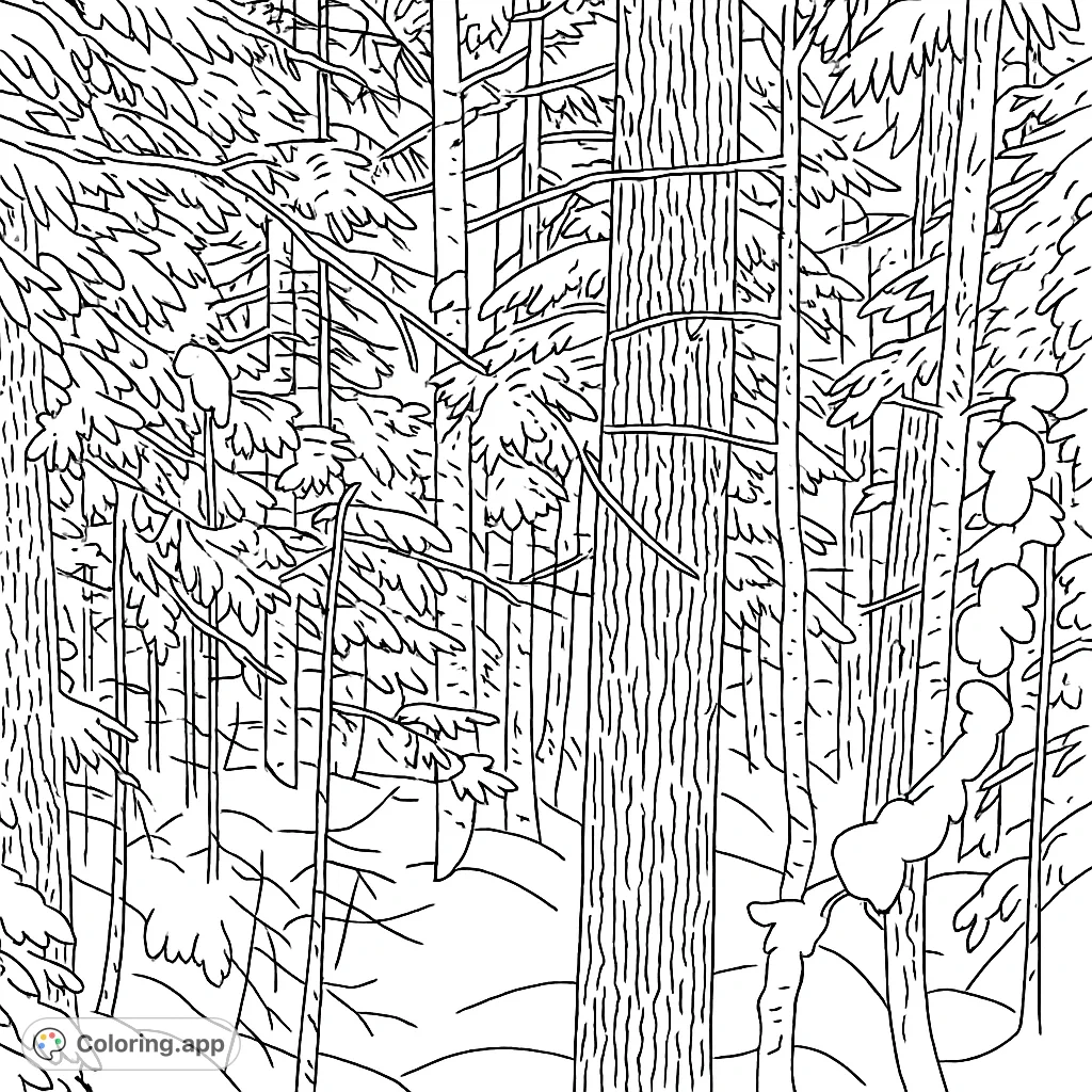 Explore a serene winter forest coloring page, featuring snow-covered trees and intricate bark textures. A peaceful nature scene awaits your creative touch.