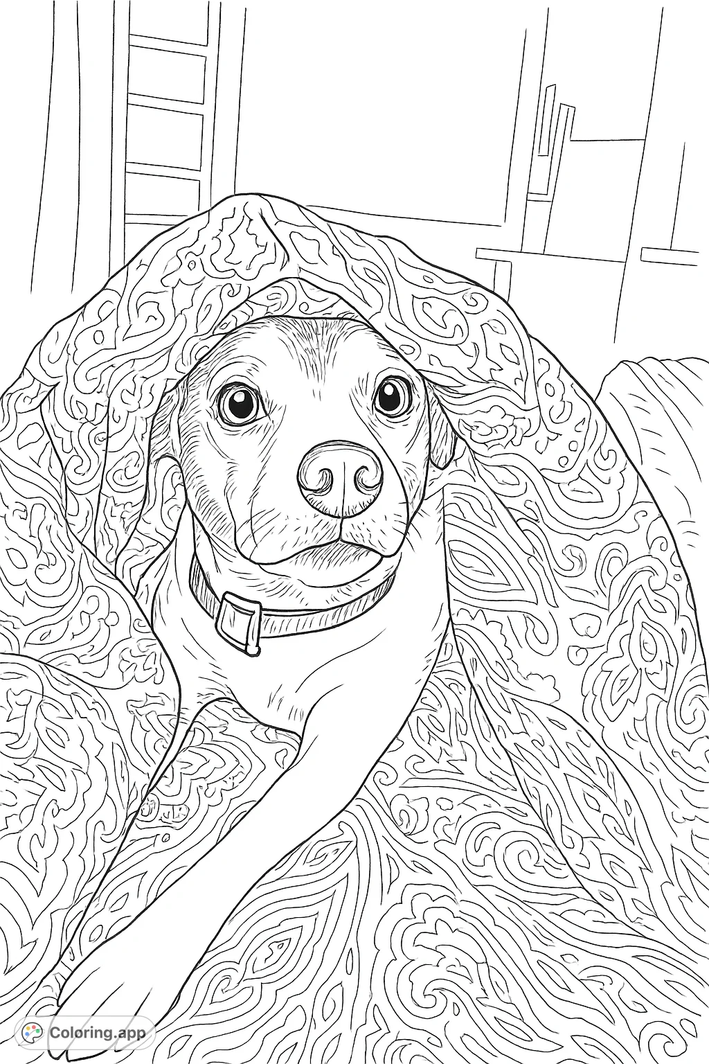 Snuggle up with this adorable dog peeking from a patterned blanket. A charming and simple design perfect for a relaxing coloring session.