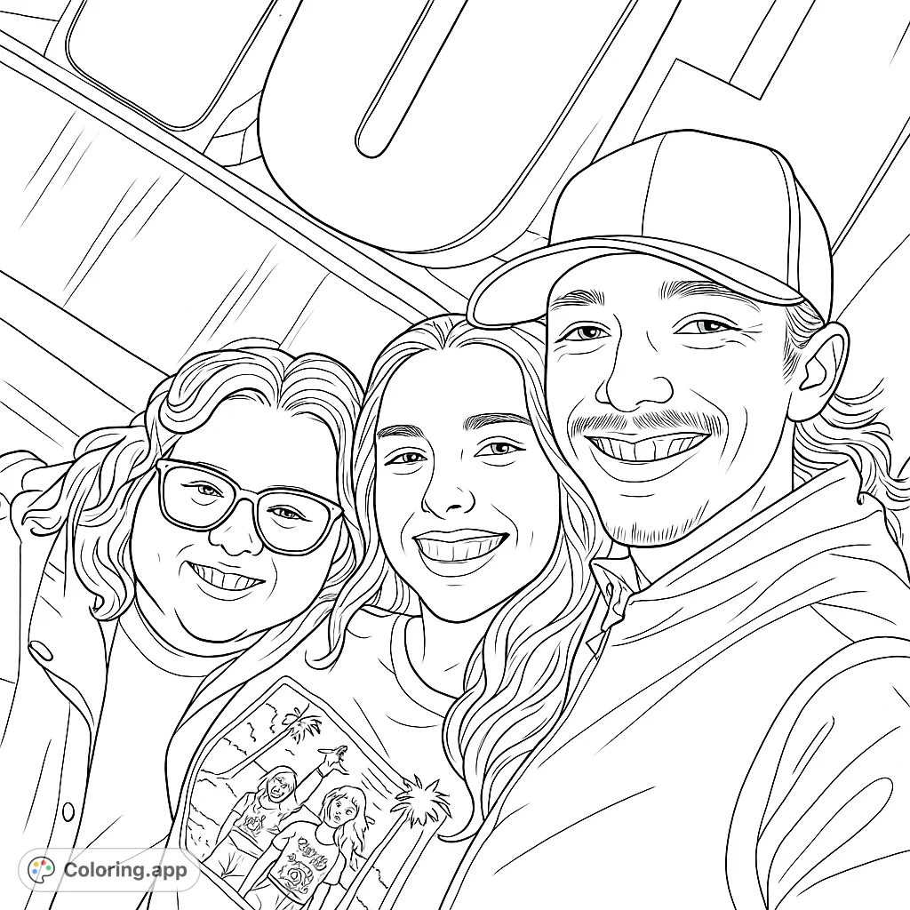 Capture the joy of friendship with this coloring page featuring three smiling individuals under glowing letter shapes. Perfect for personalizing with vibrant hues.
