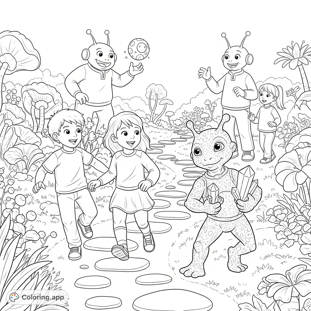 An exciting alien garden coloring page featuring two Earth children chasing a small alien, while a friendly bipedal alien shows a floating toy to another child amidst exotic flora.