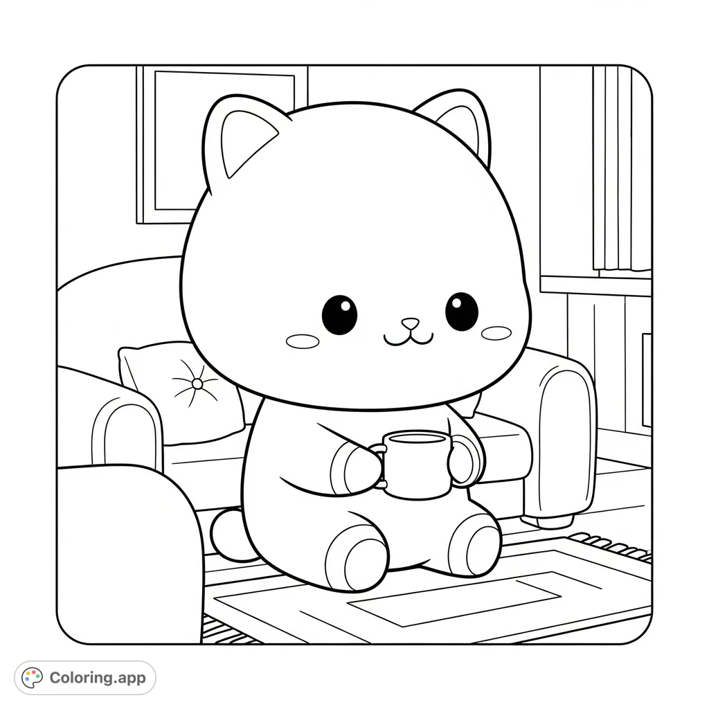 Discover a charming kawaii animal character with chibi proportions enjoying a cozy indoor moment. Simple, round forms and large spaces make this a relaxing coloring experience.