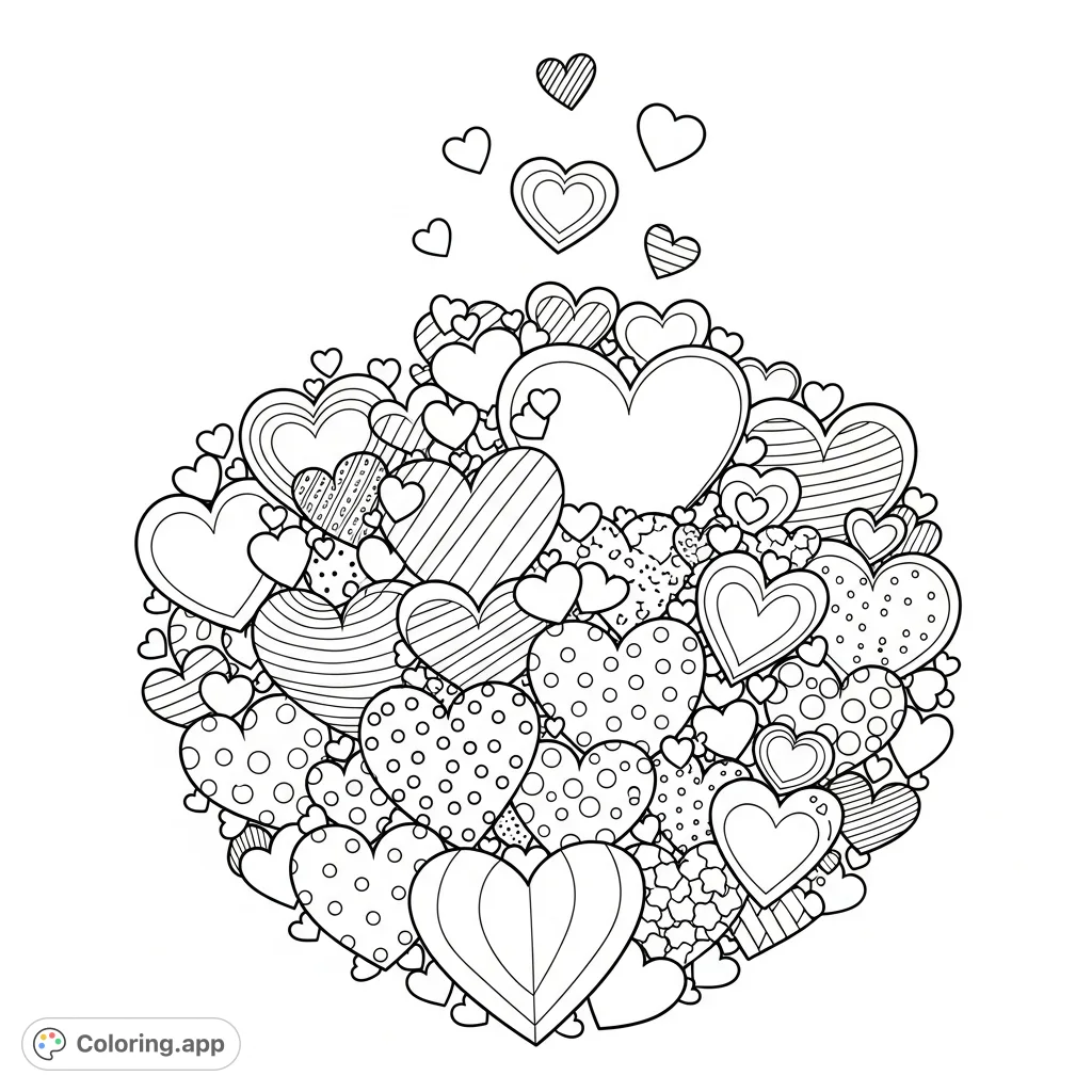 Explore a delightful hearts coloring page featuring a dense collection of various-sized hearts, some with intricate patterns, perfect for creative expression.
