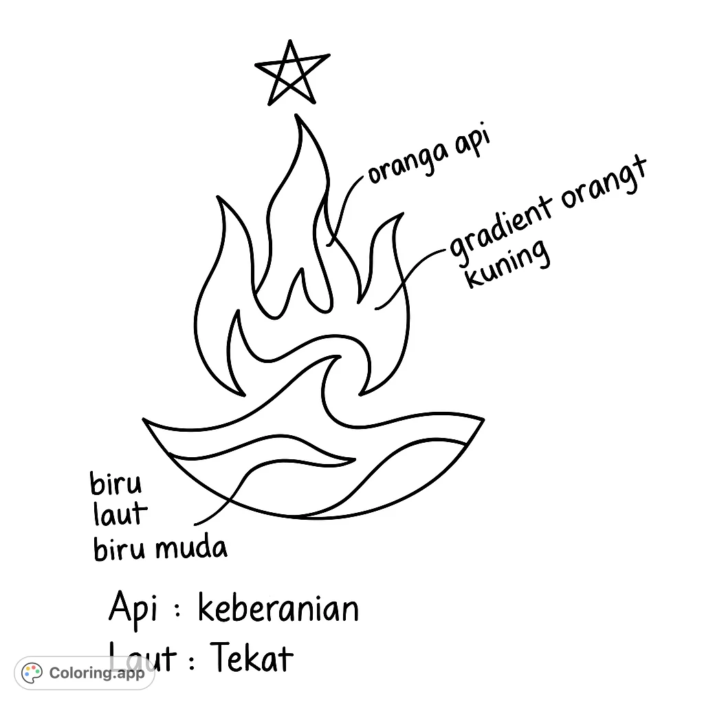 A dynamic emblem featuring a stylized flame rising above a flowing wave, topped with a star. Perfect for creative expression and symbolic art enthusiasts.