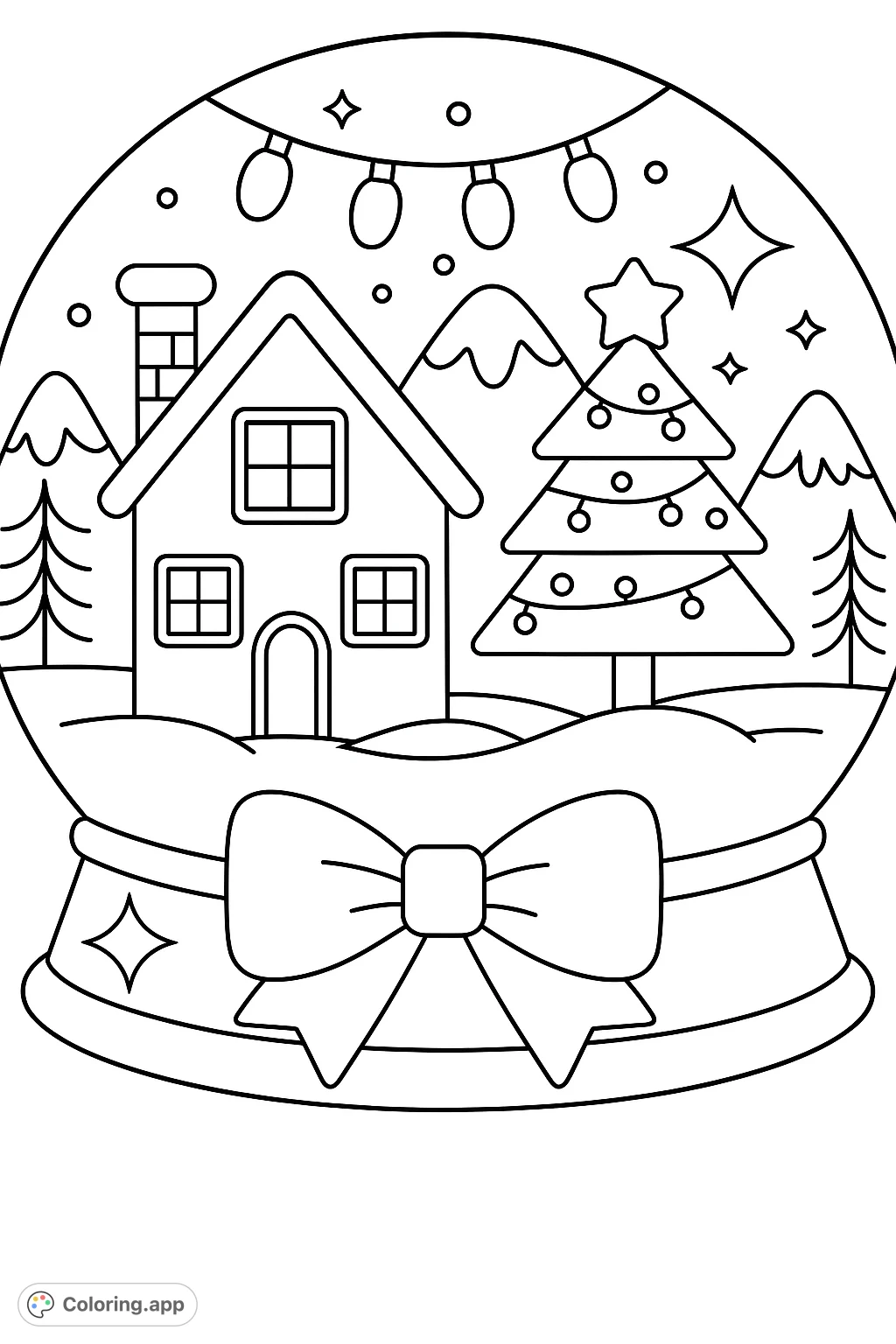 A delightful snow globe coloring page featuring a cozy house, festive tree, and snowy mountains, perfect for holiday cheer and creative expression.
