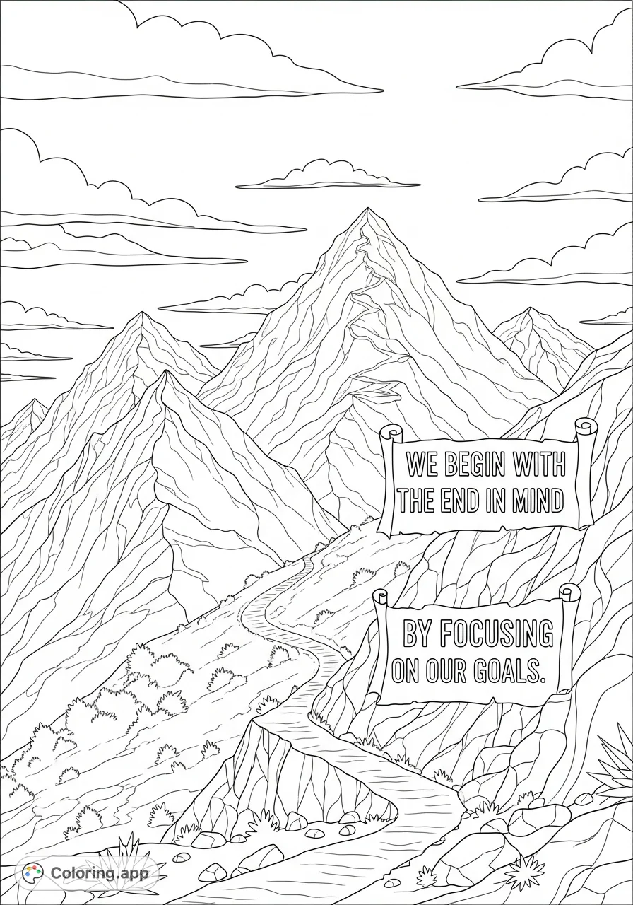 A majestic mountain range with an inspiring quote about goals. Perfect for reflection and motivation, this free printable coloring page invites creativity.
