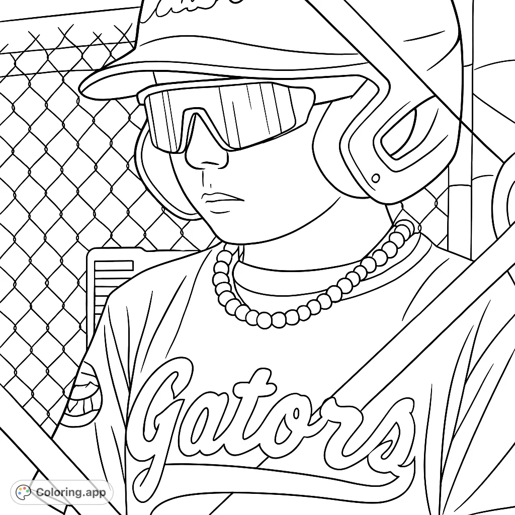 A focused young baseball player in helmet and sunglasses, wearing a team uniform and beaded necklaces, ready for the game. Perfect for sports fans!