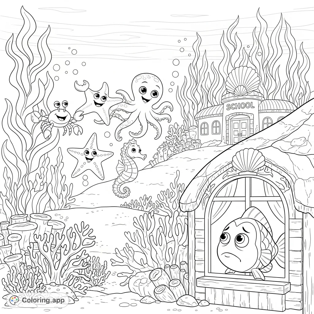 An enchanting underwater scene featuring cheerful kid sea creatures swimming to school, while a lonely fish watches sadly from a window in its coral home. A heartwarming sea creatures coloring page.