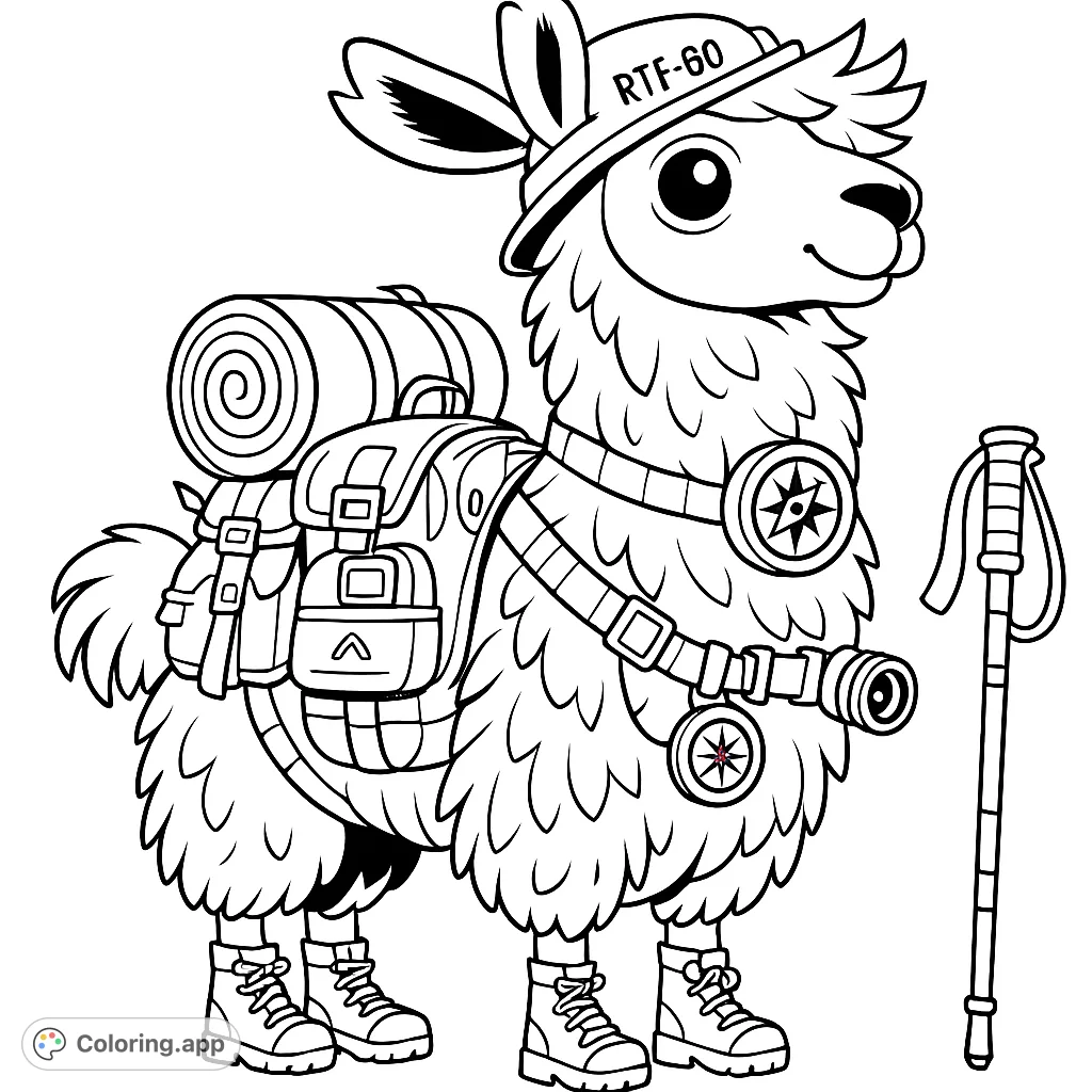 Embark on an adventure with this cartoony llama hiker coloring page! Featuring a fluffy llama with a backpack, compass, and trekking pole, ready for exploration.