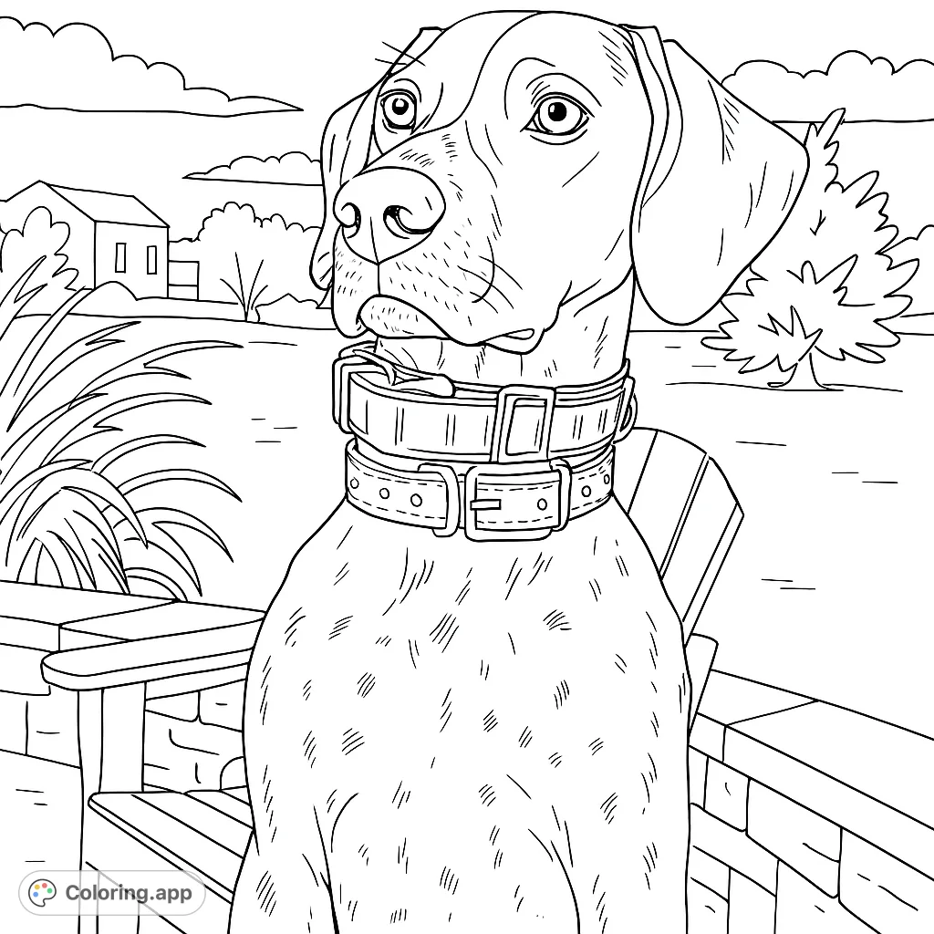 A noble spotted dog sits attentively outdoors, wearing two collars. A serene scene perfect for detailed coloring.