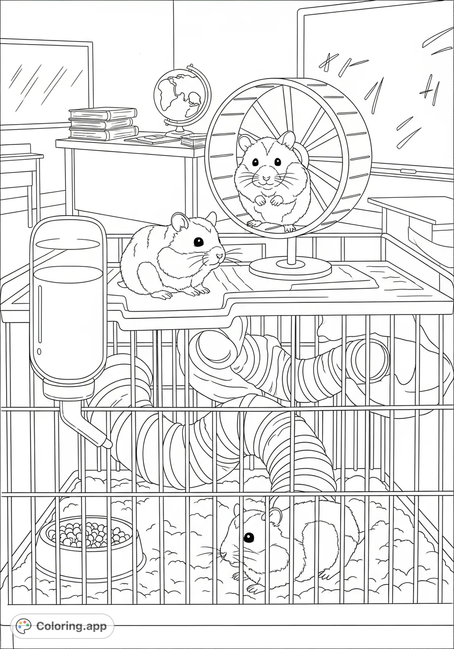 Explore a detailed classroom hamster habitat with playful hamsters, intricate tunnels, and a spinning wheel. A fun, free printable coloring page for animal lovers.